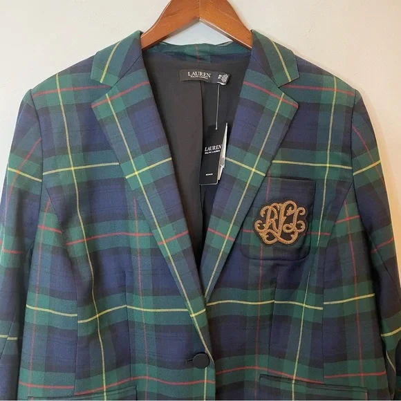 Lauren Ralph Lauren Tartan Plaid Blazer Jacket Wool Blend Bullion Patch 16W NWT - Picture 3 of 15